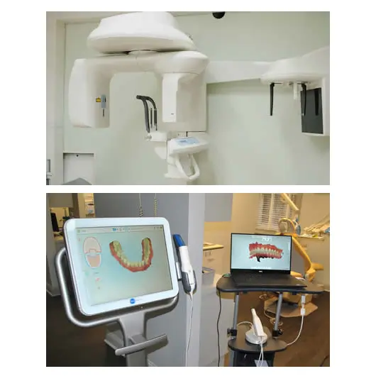 Two images: the top shows a dental panoramic X-ray machine, and the bottom shows a digital dental scanner with a monitor displaying 3D images of teeth.