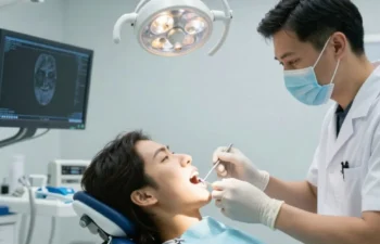 Dentist checking patient teeth with X-ray for emergency treatment