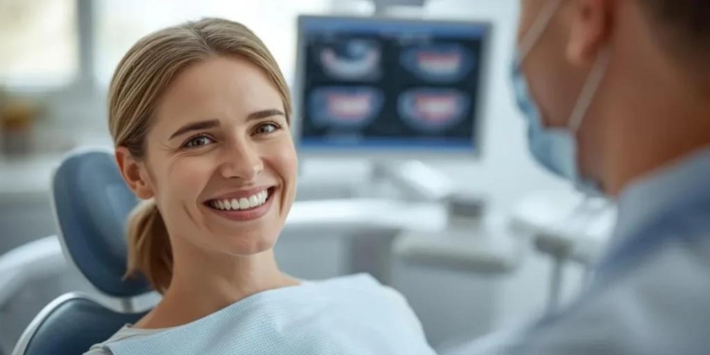 Happy patient consulting dentist full mouth implants Dunwoody GA